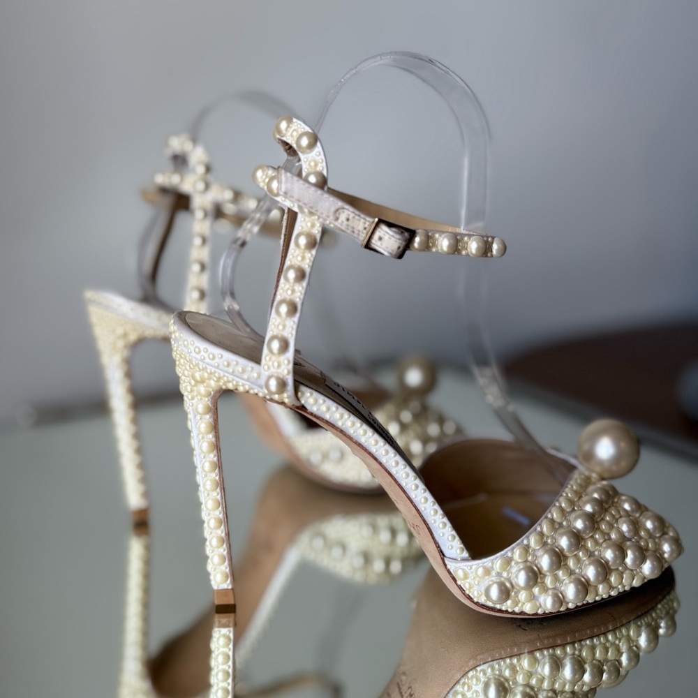 Like New Jimmy Choo Sacora 100 White Satin Sandals with All Over Pearls 38 - Picture 10 of 16